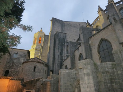 Cool cathedral view at dusk in the old town of Girona, Spain