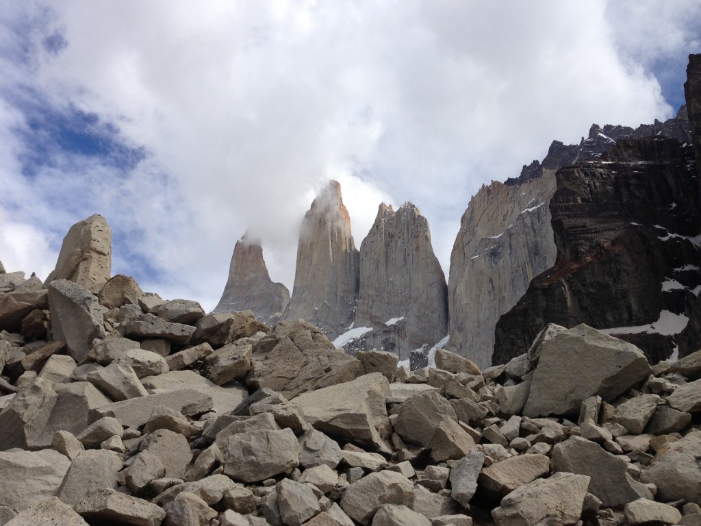 First view up the steep rocks of Torres Del Paine