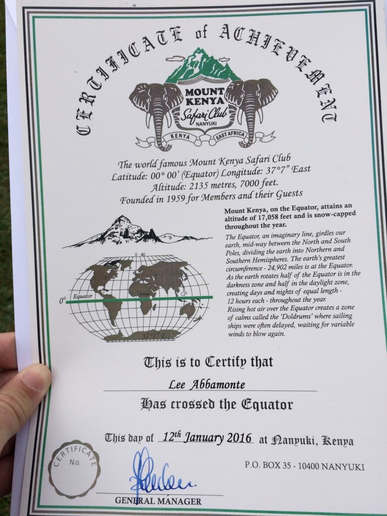 Fairmont Mount Kenya Safari Club, Kenya, certificate of crossing the equator, equator
