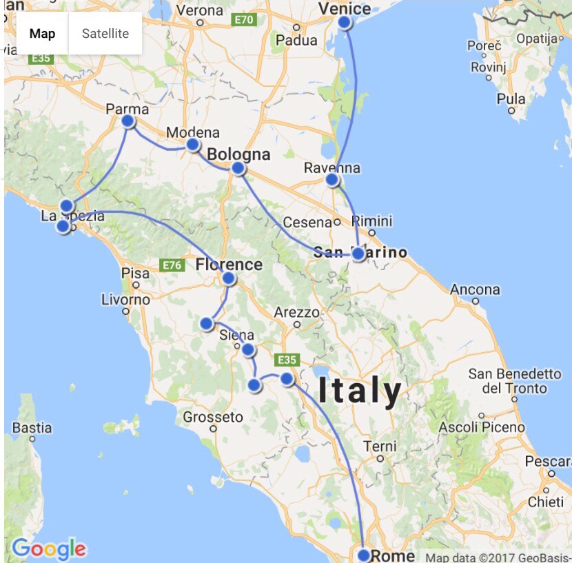 map of my road trip in italy