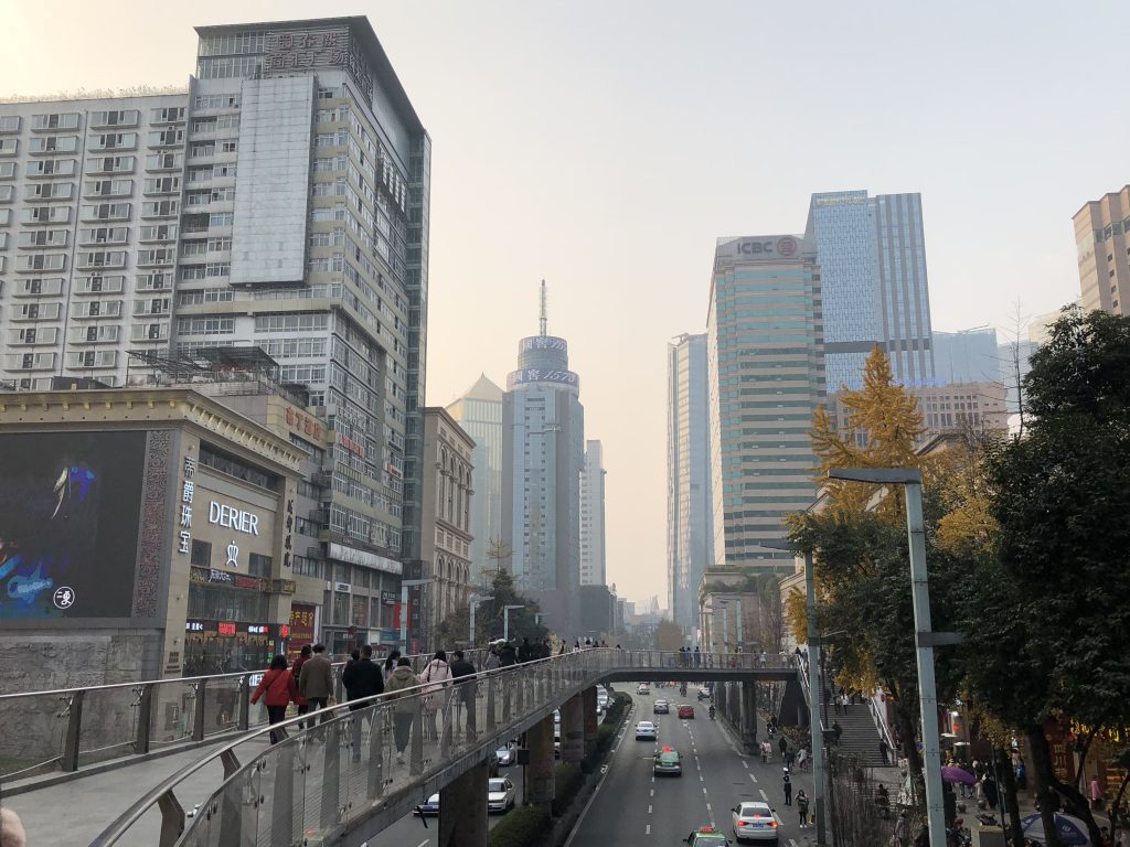 On an overpass in Chengdu crossing the street