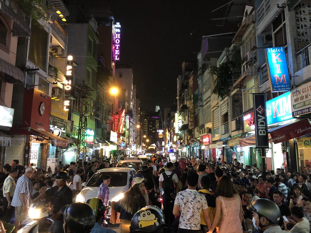 It's always busy at night in the Pham Ngu Lao Street area