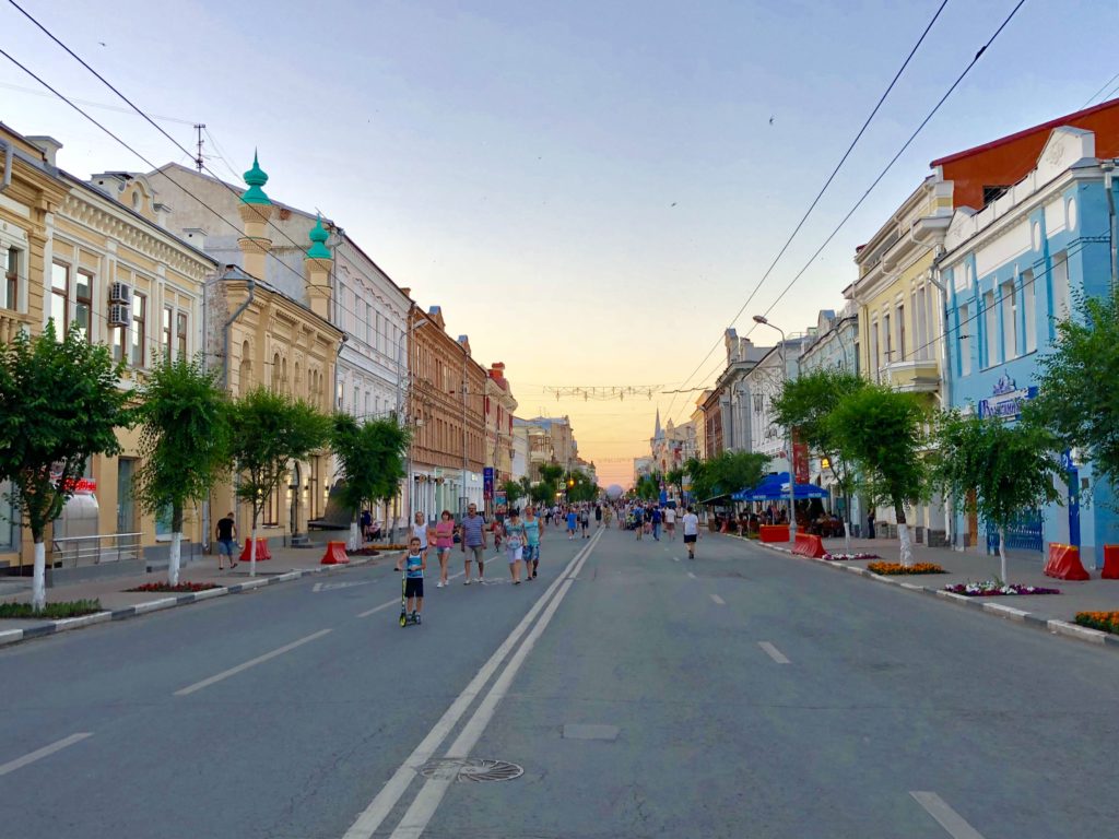 The main street in the old town of Samara at sunset