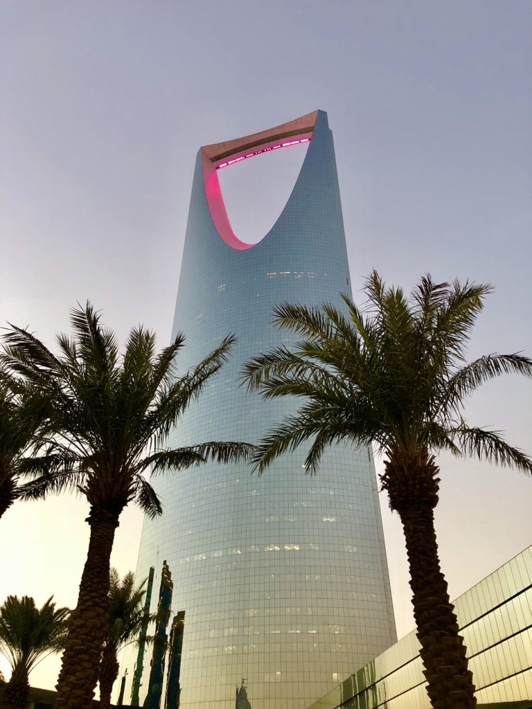 The Kingdom Tower at dusk is the most recognizable building in Riyadh
