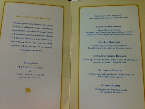 Goldleaf menu, Rocky Mountaineer, train, Canada, Vancouver, Jasper, British Columbia, Alberta