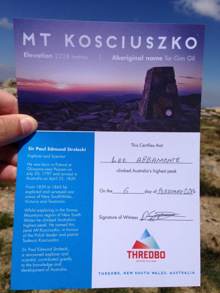 certificate, Mount Kosciuszko, Australia