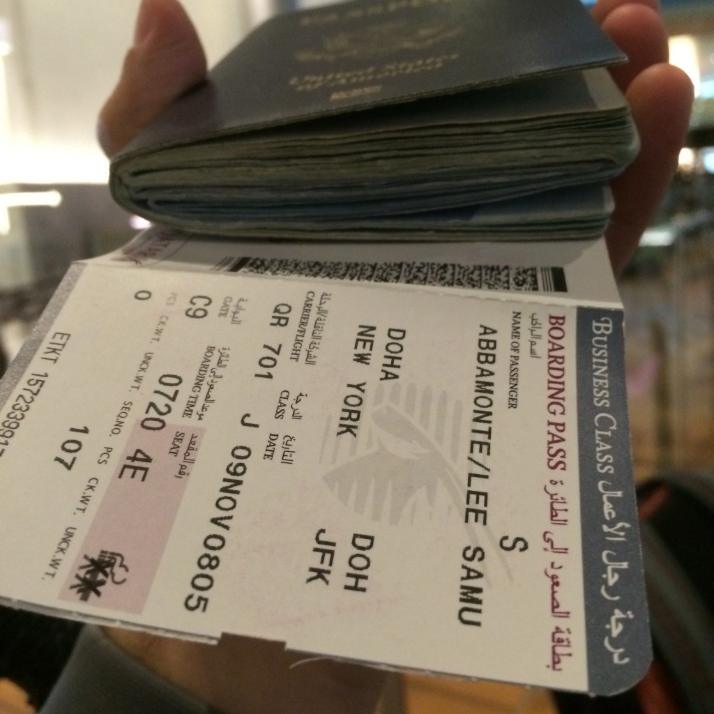 Qatar Airways business class, passport, Lee Abbamonte