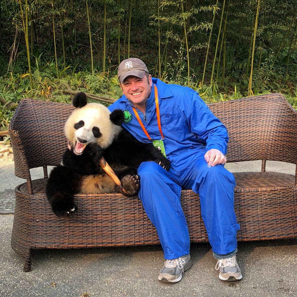 Holding the panda at Dujiangyan Panda Base