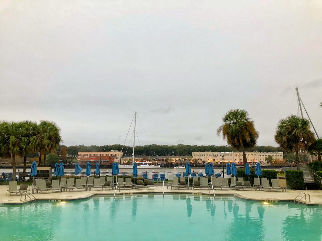 The pool at the Westin Savannah Harbor Resort in the rain