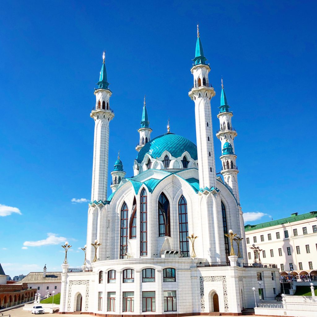 The mosque dominates the skyline of Kazan inside the Kazan Kremlin